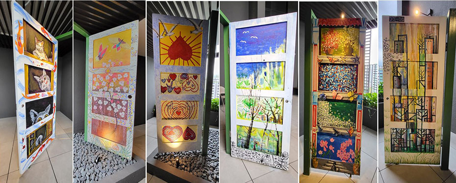 The art sculptures (showing six sides of three doors) created for Project OPENDOOR were on display at Avenue South Residence’s Sky Garden, encouraging visitors to interact with them and enjoy art.